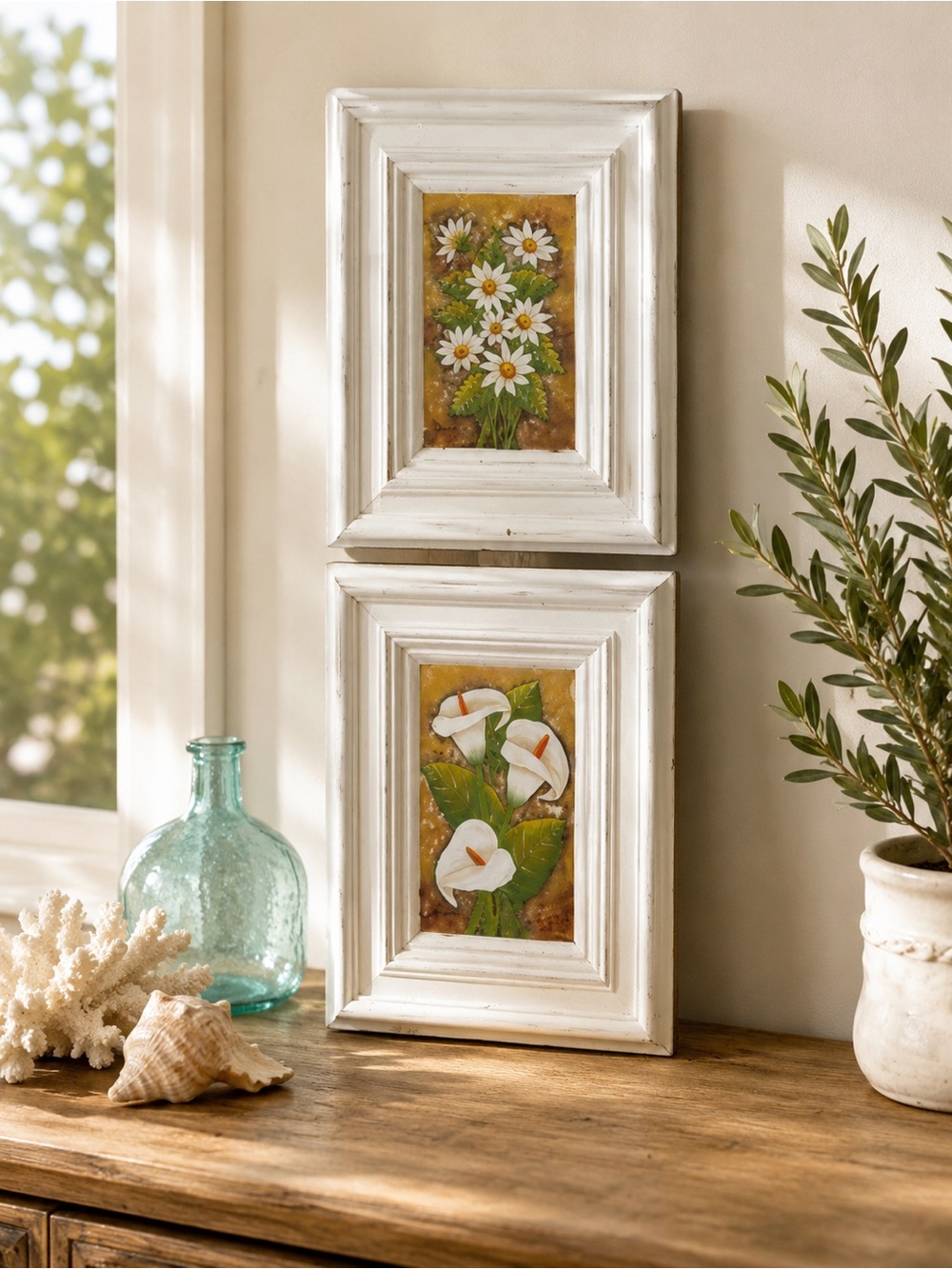 2 White Framed Floral original signed oil paintings - Daisies & Calla Lilies
